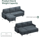 2 in 1 Pull Out Sofa Bed with Storage Chaise Linen Sectional Sleeper Couch for Living Room